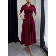 Moda Durağı Princess Gömlek Yaka Kemer Detaylı Elbise Bordo