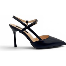 Vieris Siyah Hakiki Deri Toka Detaylı Sivri Burun Slingback Kadın Stiletto (34202-1)