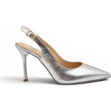 Vieris Gümüş Metalik Hakiki Deri Toka Detaylı Sivri Burun Slingback Kadın Stiletto (34201)