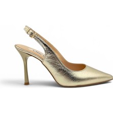 Vieris Gold Metalik Hakiki Deri Toka Detaylı Sivri Burun Slingback Kadın Stiletto (34201)