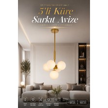Elvora Home Modern (Premium) Gold 5'li Opal Küre Sarkıt Avize Gold Gövde Dekoratif Salon Oturma Odası Avizesi Modelleri 5XE14 Duylu