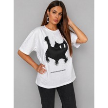 Serba Oversize Baskılı Kadın Tişört Bisiklet Yaka Kısa Kollu Streetwear Günlük Beyaz T-Shirt