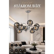 Elvora Home Modern (Premium) Füme Camlı 8'li Sarkıt Avize Krom Gövdeli Dekoratif Lüks Salon Oturma Odası Avizesi Modelleri 8XE14 Duylu