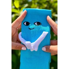 Lou Socks Unisex Mavi El Ele Tutuşan Halay Çeken Sevimli Yüz Desenli Soket Çorap