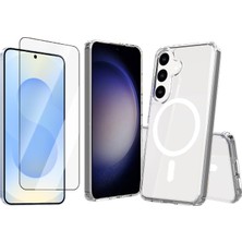 Vendas Samsung Galaxy S23 FE Kılıf M-safe Şarj Özellikli Şeffaf Sert PC Zore Embos Kapak + Cam Ekran Koruyucu