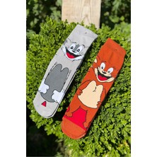 Lou Socks Unisex Kedi ve Fare Desenli Çiftlere Özel 2'li Sevgili Kombini Soket Çorap Seti