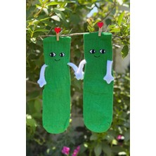 Lou Socks Unisex Yeşil El Ele Tutuşan Halay Çeken Sevimli Yüz Desenli Soket Çorap