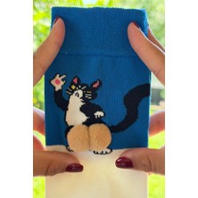 Lou Socks Unisex Mavi Oturan Kedi Desenli Ponpon Soket Çorap