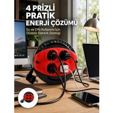 AyrStore 3 Metre Uzatma Kablolu 4 Prizli Makara Kırmızı