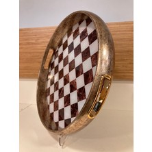 Plus Home Tepsi Ahşap ve Cam Detaylı Kahve Renk Damalı Yuvarlak Model Renk Antik Eskitme Ortaboy Çap 35 cm