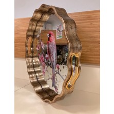 Plus Home Tepsi Ahşap ve Ayna Detaylı Pembe Kuş Desenli Volanlı Yuvarlak Model Ortaboy Renk Antik Eskitme Çap 35 cm