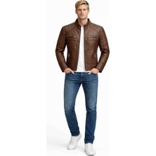 Arven Deri Erkek Hakiki Deri Kahverengi Biker Ceket – Modern Slim Fit