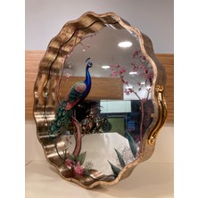 Plus Home Tepsi Ahşap ve Ayna Detaylı Tavus Kuşu Desen Yuvarlak Volanlı Model Renk Antik Eskitme Büyükboy Çap 40 cm