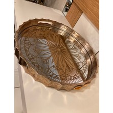 Plus Home Tepsi Ahşap ve Ayna Detaylı Yıldız Desen Yuvarlak Volanlı Model Renk Antik Eskitme Büyükboy Çap 40 cm