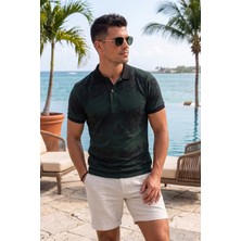 Exve Exclusive Koyu Yeşil Üzerine Siyah Çiçek Detaylı Kıvrılmaz Yaka Yazlık Polo Tişört %100 Pamuk Nefes Alan T-Shirt