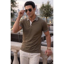 Exve Exclusive Haki Yeşil Yaka Detaylı Kıvrılmaz Yaka Yazlık Polo Tişört %100 Pamuk Nefes Alan T-Shirt