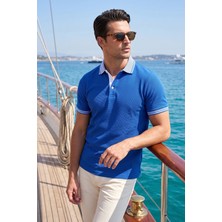 Exve Exclusive Saks Mavi Yaka Detaylı Kıvrılmaz Yaka Yazlık Polo Tişört %100 Pamuk Nefes Alan T-Shirt