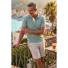 Exve Exclusive Yeşil Üzeri Beyaz Puantiyeli Kıvrılmaz Yaka Yazlık Polo Tişört %100 Pamuk Nefes Alan T-Shirt
