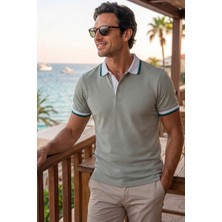 Exve Exclusive Çağla Yeşili Üzeri Beyaz Puantiyeli Kıvrılmaz Yaka Yazlık Polo Tişört %100 Pamuk Nefes Alan T-Shirt