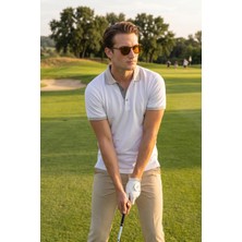 Exve Exclusive Beyaz Bej Yaka Detaylı Kıvrılmaz Yaka Yazlık Polo Tişört %100 Pamuk Nefes Alan Denizci T-Shirt