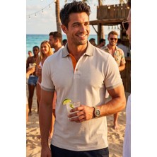 Exve Exclusive Bej Triko Üzeri Turuncu Detaylı Kıvrılmaz Yaka Yazlık Polo Tişört %100 Pamuk Nefes Alan T-Shirt