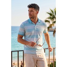 Exve Exclusive Turkuaz Beyaz Çizgili Denizci Kıvrılmaz Yaka Yazlık Polo Tişört %100 Pamuk Nefes Alan T-Shirt
