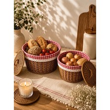 Nomikase Kapaklı Ekoseli Hasır Rattan Organizer Sepet Çiftli Set