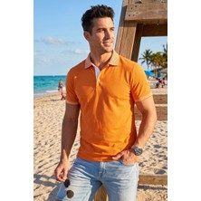 Exve Exclusive Turuncu Sade Kıvrılmaz Yaka Yazlık Polo Tişört %100 Pamuk Nefes Alan Denizci T-Shirt