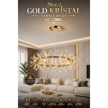 Elvora Home Modern (Premium) Gold Kristal Taşlı Sarkıt Avize Dekoratif Halka Tasarım Lüks Salon Oturma Odası Avizesi Modelleri 28XG4 Duylu