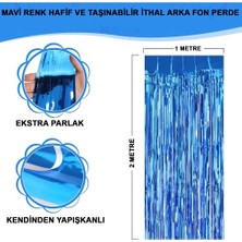 Ekstra Metalize Mavi Renk Saçaklı Arka Fon Perde 1x2 Metre