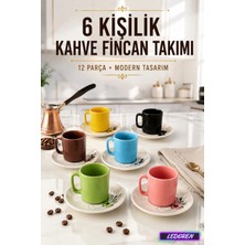L'edoren 6 Kişilik Seramik Kahve Fincan Takımı Yuvarlak Sunum Tabaklı Porselen Türk Kahvesi Fincan Seti