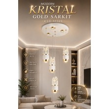 Elvora Home Modern (Premium) 4'lü Kristal Ledli 49W 3000K Gold Detaylı Beyaz Sarkıt Avize Lüks Tasarım Salon Oturma Odası Avizesi Modelleri