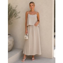 Wish&Moon Kadın Bej Askılı Bluz Beli Lastikli Maxi Etek Takım