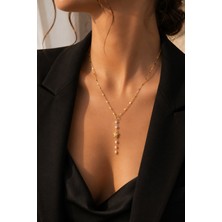 Adata Jewelry Çelik Altın Kaplama Ezme Zincir Inci Kelebek Kadın Y Kolye Gold Uzatma Zincirli