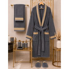 Ars Aras Home Textile %100 Pamuk Kadife Bornoz Seti 4 Parça - Greek Desen Lüks Hamam/çeyizlik Banyo Havlu ve Bornoz Takımı