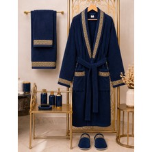 Ars Aras Home Textile %100 Pamuk Kadife Bornoz Seti 4 Parça - Greek Desen Lüks Hamam/çeyizlik Banyo Havlu ve Bornoz Takımı