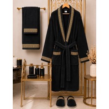 Ars Aras Home Textile %100 Pamuk Kadife Bornoz Seti 4 Parça - Greek Desen Lüks Hamam/çeyizlik Banyo Havlu ve Bornoz Takımı