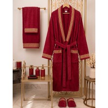 Ars Aras Home Textile %100 Pamuk Kadife Bornoz Seti 4 Parça - Greek Desen Lüks Hamam/çeyizlik Banyo Havlu ve Bornoz Takımı