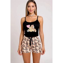 Renkli Ayıcık Desenli Askılı Şortlu Kadın Pijama Takımı | Vitaliselan Fashion