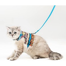 Aesco Kaçış Önleyici Kedi Gezdirme Tasması ve Küçük Irk Köpek Gezdirme Tasması (S, Kilim Desen Mavi)