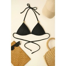 Vitaliselan Fashion Kadın Siyah Pedli Üçgen Bikini Üstü Halter Bağlamalı Aksesuarlı