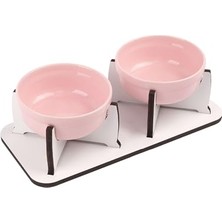 Aesco Gobypet Ahşap Tabanlı 2’li  ve Su Kabı Seti – Kaymaz Stand, Hijyenik Kaseler, Minimal Tasarım (Pembe Seramik)