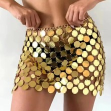 Vitaliselan Fashion Kadın Parlak Goldpul Mini Etek Gece Kombin Festival Stil,şakira Zincirli Işlemeli Etek Şık Kombini |