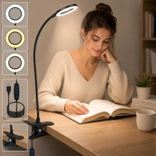 Aesco Kyrotech Klipsli LED Kitap Okuma Lambası USB Girişli Aydınlatma Esnek Kollu Metal Ders Çalışma Makyaj Tiktok Youtube Canlı Yayın Içerik Üretim Işığı Göz Yormaz Modern 3 Renk Modlu Sarı Beyaz Gün Işığı