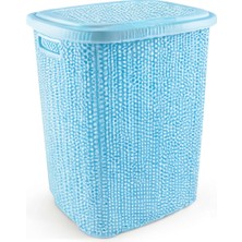 Kirli Çamaşır Sepeti Kapaklı 65 Lt Örgü Desenli Plastik Çamaşır Sepeti Banyo Sepeti  Mavi
