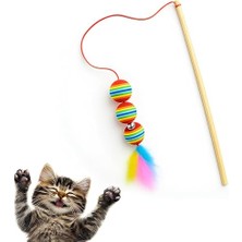 Aesco Kanji Kedi Oyuncağı – Gökkuşağı Renkli 3 Toplu Tüylü Zilli Olta Kedi Oyuncağı, 40 cm Bambu Saplı Etkileşimli Kedi Teaser Çubuğu, Yavru ve Yetişkin Kediler Için