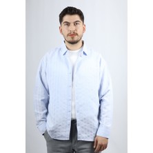 Çizgili Pamuk Karışımlı Relaxed Fit Erkek Gömlek | Ventov Mavi - Xl