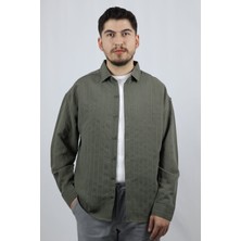 Çizgili Pamuk Karışımlı Relaxed Fit Erkek Gömlek | Ventov Yeşil - Xl