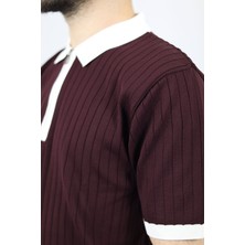Fermuarlı Polo Yaka Regular Fit Fitilli Erkek Triko | Ventov Bordo Beyaz Yaka - M