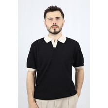 Polo V Yaka Fitilli Örgü Regular Fit Erkek Triko | Ventov Siyah - M